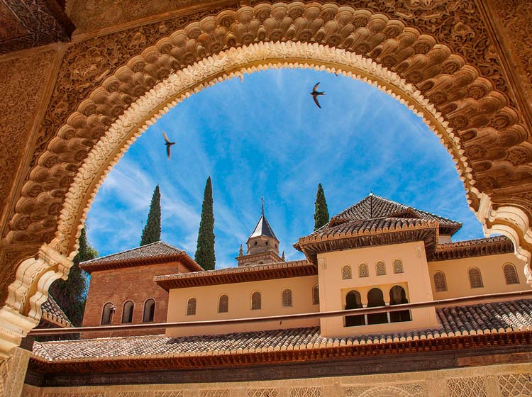 Imagen del interior de la Alhambra de Granada mirando al cielo y viendo pájaros volando
